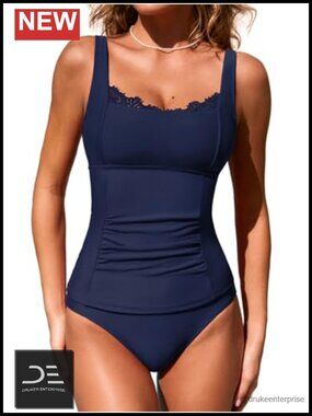 Women's Square Neck Lace Trim Tankini Set with Removable Soft Cups, Ruched
